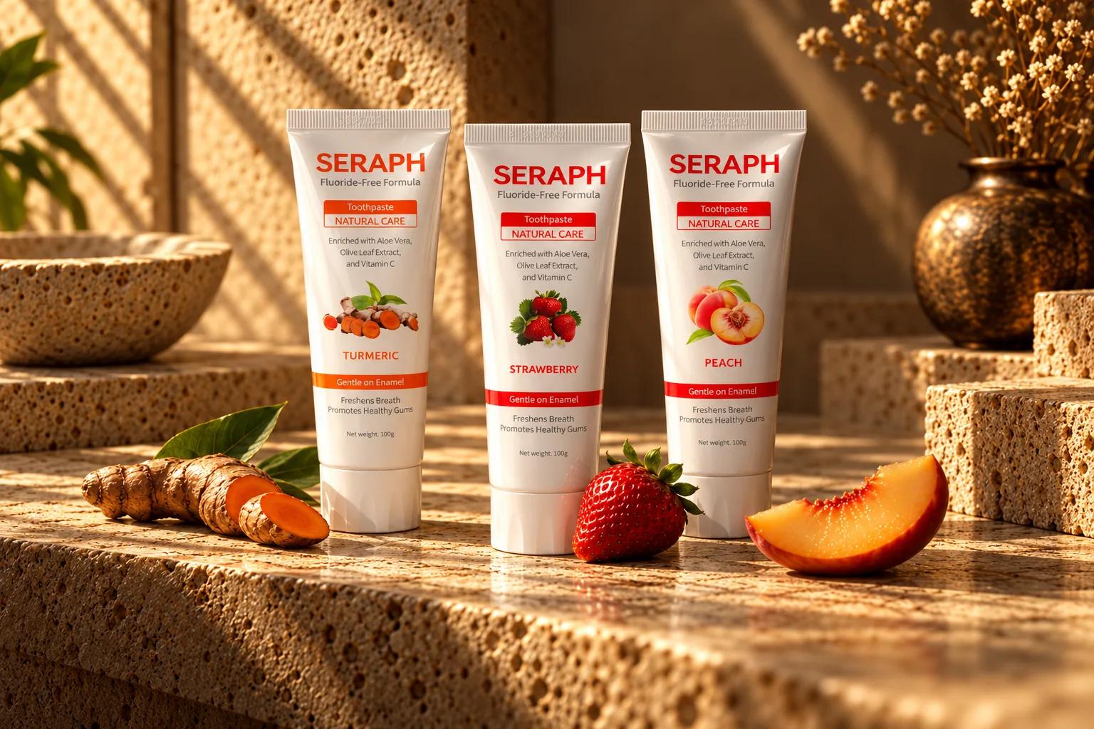 Seraph Turmeric, Strawberry and Peach toothpaste